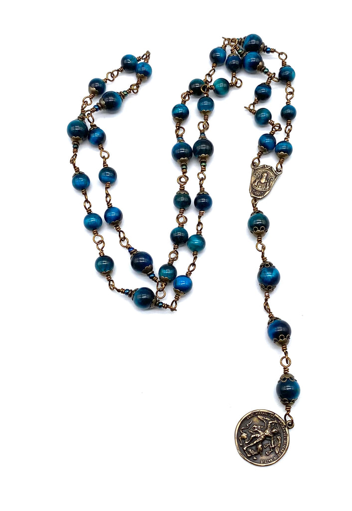 Azure Blue Tiger Quartz Gemstone Wire Wrapped Catholic Heirloom Chaplet of Saint Michael LARGE