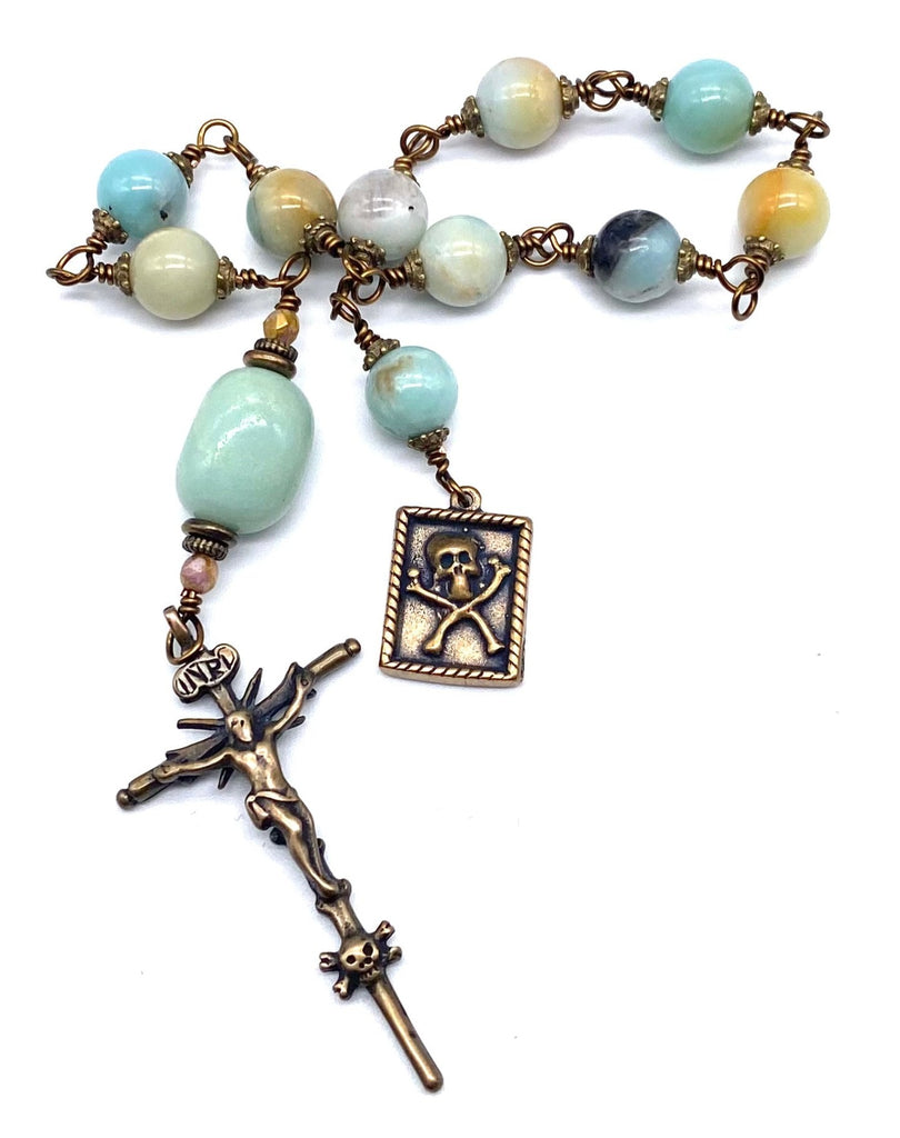 Amazonite Gemstone BIG BEAD Wire Wrapped Catholic Heirloom "Memento Mori" Tenner Rosary