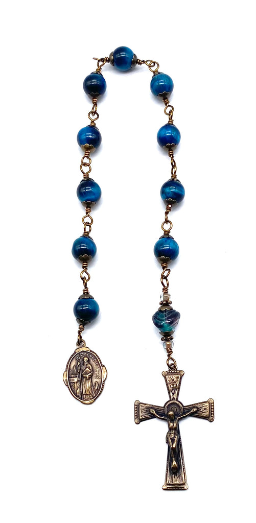 Azure Blue Tiger Eye Quartz Gemstone Wire Wrapped Catholic Heirloom Tenner Rosary