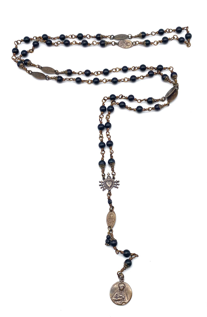 Black Onyx Gemstone Catholic Heirloom Rosary of the Seven Sorrows Med
