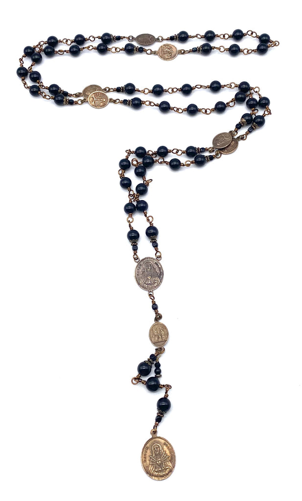 Black Onyx Gemstone Wire Wrapped Catholic Heirloom Rosary of the Seven Sorrows Lrg