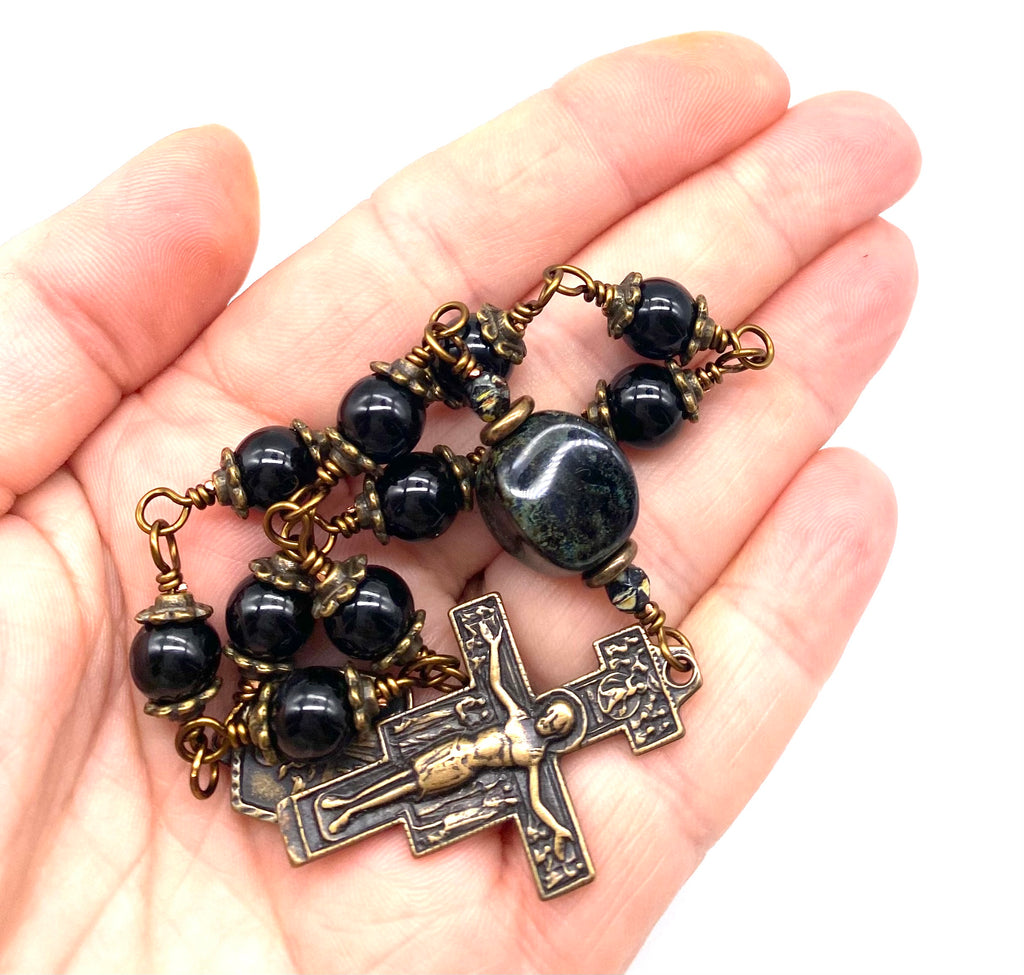 Black Onyx Gemstone Wire Wrapped Catholic Heirloom Tenner Rosary