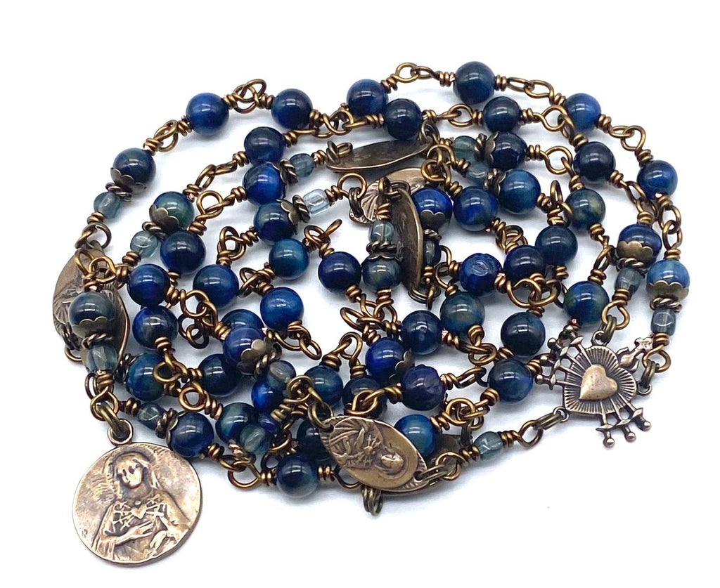 Blue Tiger Eye Quartz Gemstone Catholic Heirloom Rosary of the Seven Sorrows