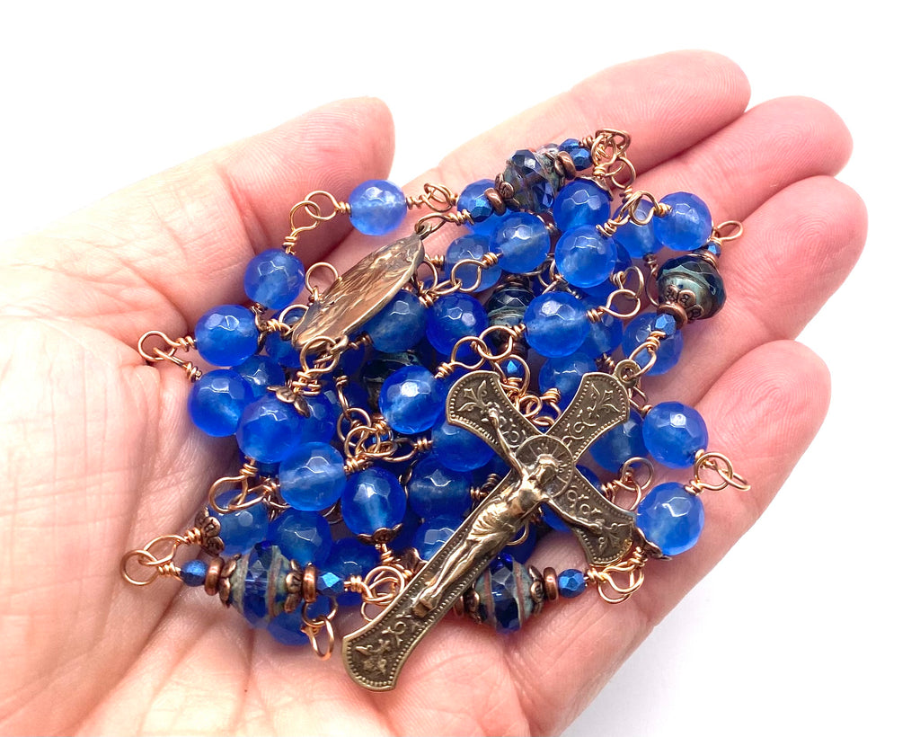 Bright Bronze Cobalt Blue Jade Wire Wrapped Catholic Heirloom Rosary Large
