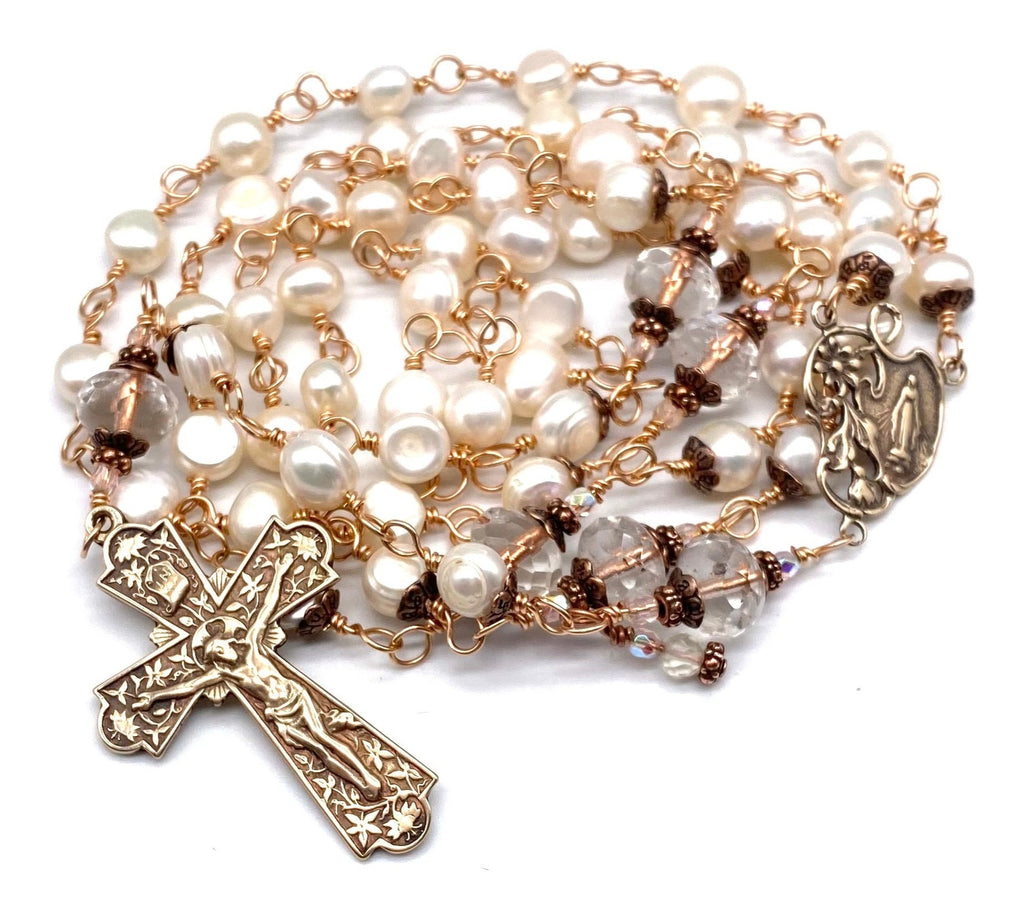 Bright Bronze Cream Freshwater Pearl Wire Wrapped Catholic Heirloom Rosary Large