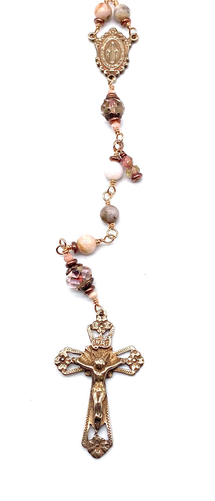 Bright Bronze Natural Opal Matte Gemstone Wire Wrapped Catholic Heirloom Rosary Medium