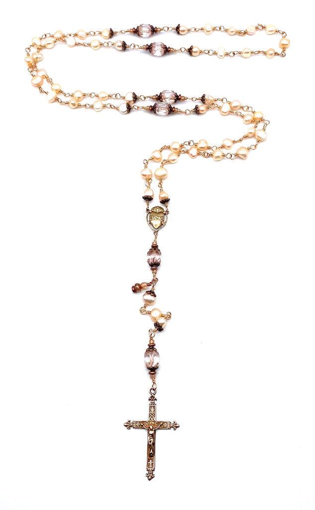 Bright Bronze Natural Pink Pearl Wire Wrapped Catholic Heirloom Rosary MEDIUM