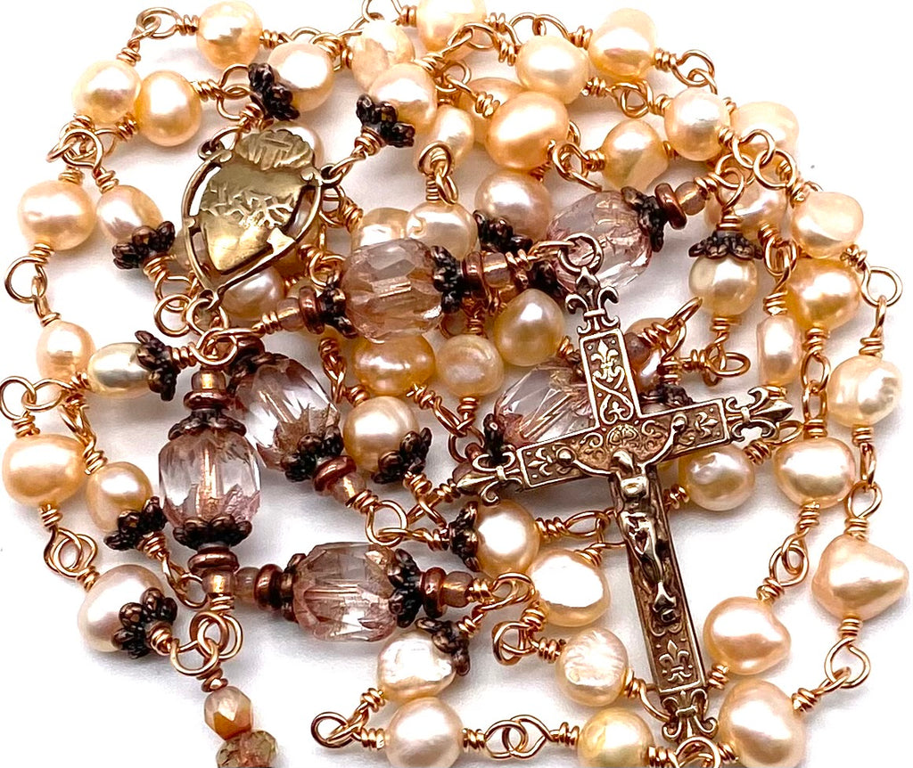 Bright Bronze Natural Pink Pearl Wire Wrapped Catholic Heirloom Rosary MEDIUM