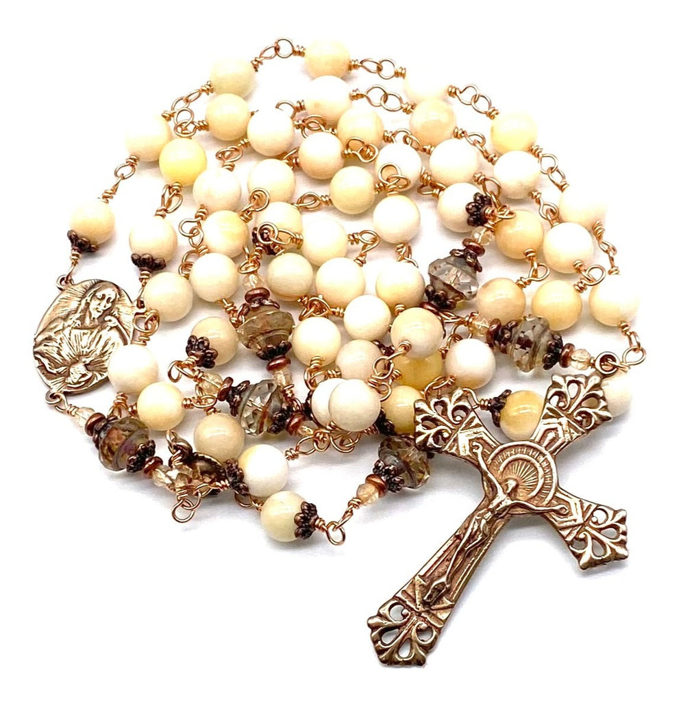 Bright Bronze Natural Yellow Jade Gemstone Wire Wrapped Catholic Heirloom Rosary LARGE