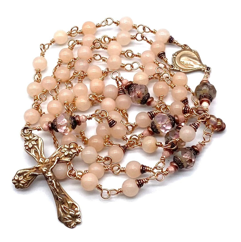 Bright Bronze Peachy Chalcedony Gemstone Wire Wrapped Catholic Heirloom Rosary Medium
