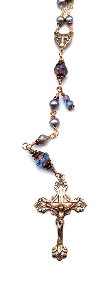 Bright Bronze Peacock Freshwater Pearl Wire Wrapped Catholic Heirloom Rosary MEDIUM