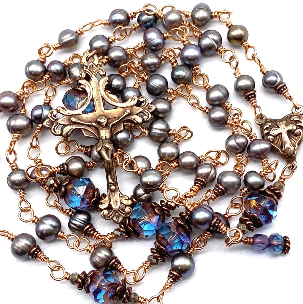 Bright Bronze Peacock Freshwater Pearl Wire Wrapped Catholic Heirloom Rosary MEDIUM