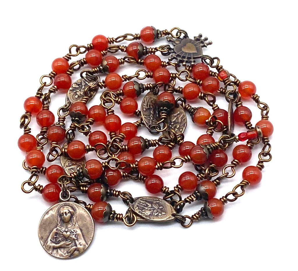 Carnelian Gemstone Wire Wrapped Catholic Heirloom Rosary of the Seven Sorrows Med