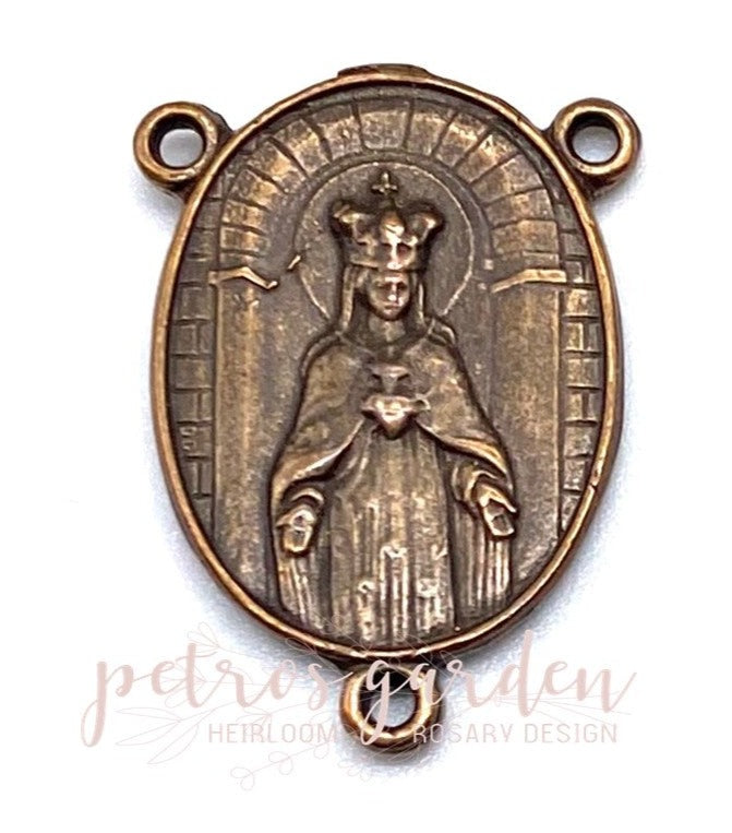 Solid Bronze CROWNED MARY SACRED HEART of JESUS Rosary Center, Antique/Vintage Reproduction #PG1137