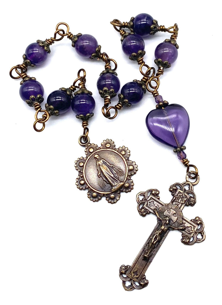 Deep Purple Amethyst Gemstone Wire Wrapped Catholic Heirloom Tenner Rosary