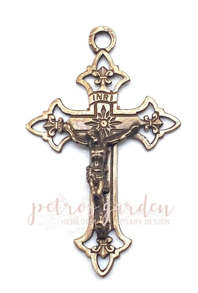 Solid Bronze DELICATE FLEUR DE LIS Petite Rosary Crucifix, Catholic Pendant, Antique/Vintage Reproduction #PG3127