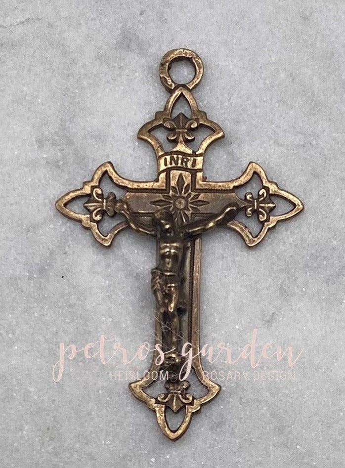 Solid Bronze DELICATE FLEUR DE LIS Petite Rosary Crucifix, Catholic Pendant, Antique/Vintage Reproduction #PG3127