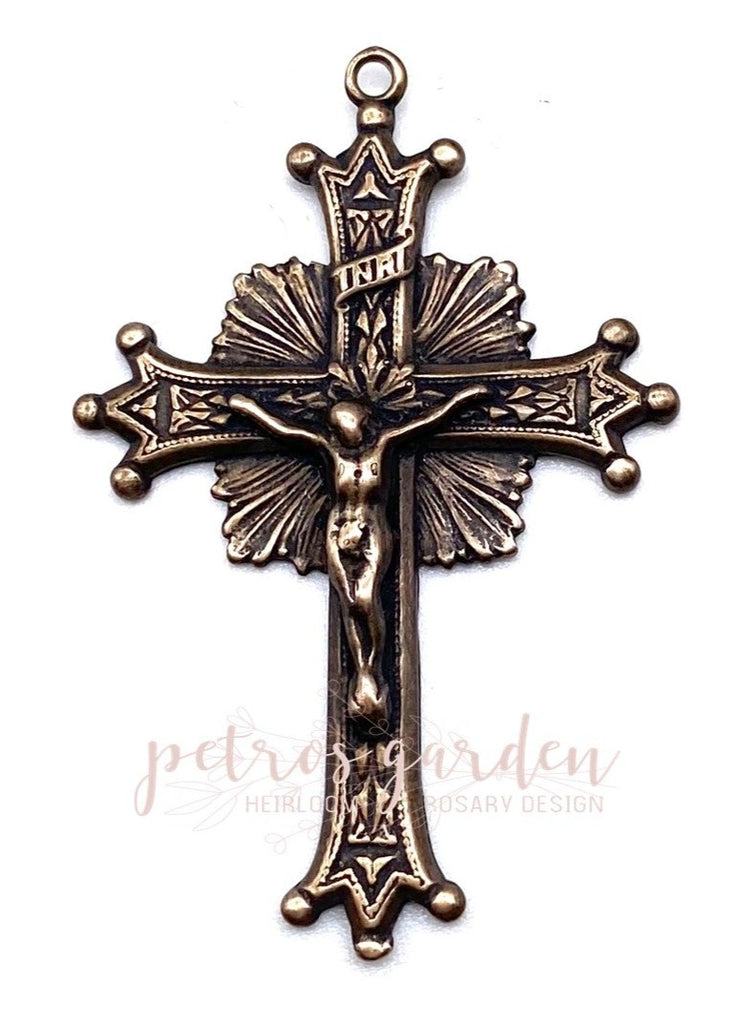 Solid Bronze ELEGANT RAYS Crucifix, Catholic Pendant, Rosary Parts, Religious Charms, Antique/Vintage Reproduction #PG3120