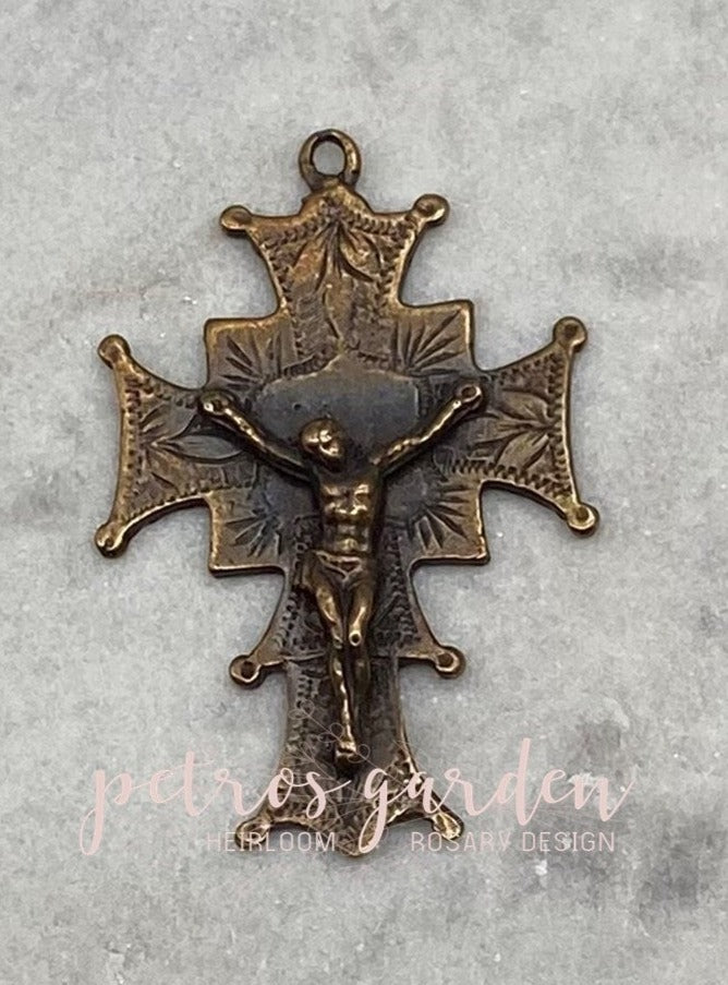 Solid Bronze ETCHED Rosary Crucifix, Catholic Pendant, Antique/Vintage Reproduction #PG3139