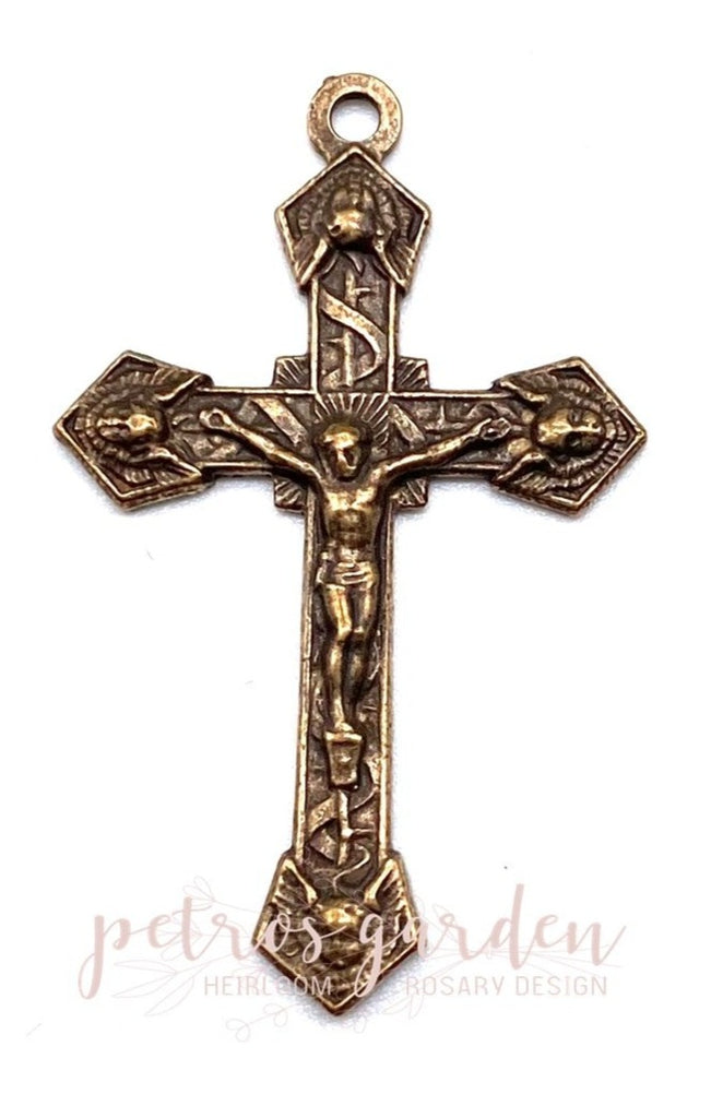 Solid Bronze FACES OF ANGELS Crucifix, Rosary Parts, Catholic Pendant Jewelry, Religious Charm, Antique/Vintage Reproduction #PG3151