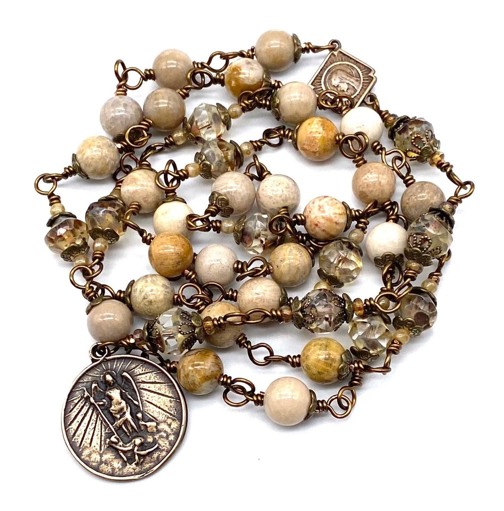 Fossil Coral Gemstone Wire Wrapped Catholic Heirloom Chaplet of Saint Michael LARGE