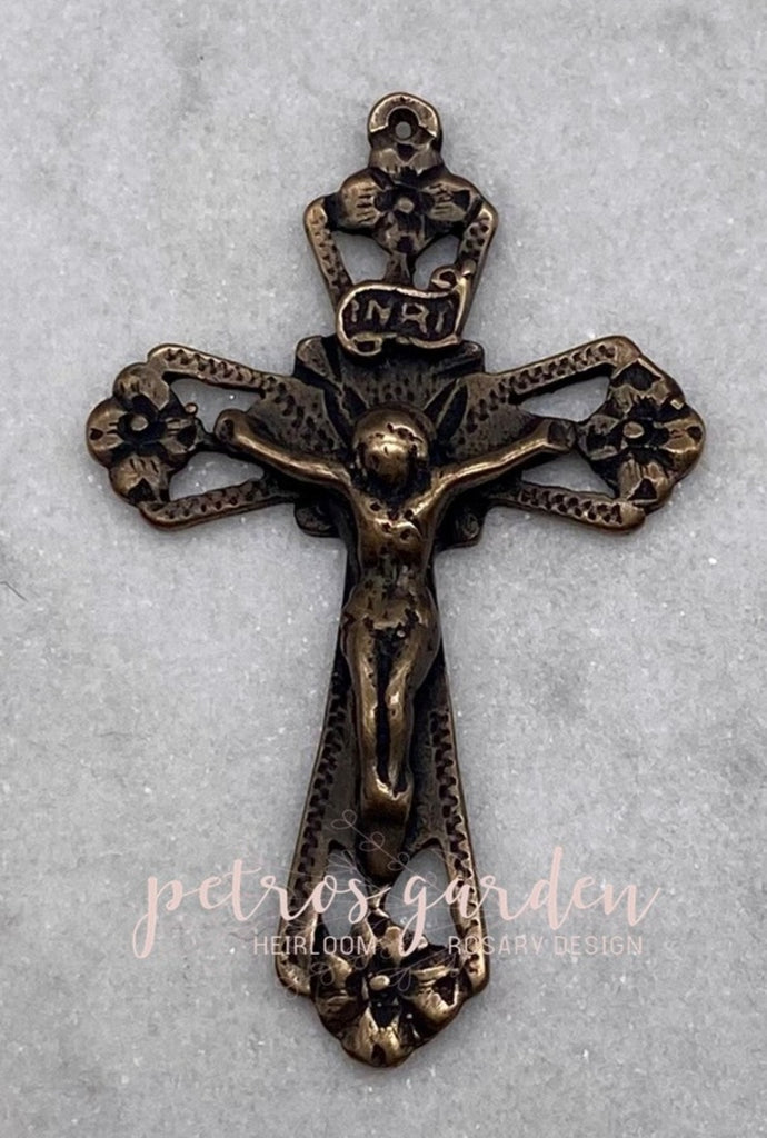 Solid Bronze FOUR FLOWERS OPENWORK Crucifix, Catholic Pendant, Rosary Parts, Religious Charm, Antique/Vintage Reproduction #PG3124