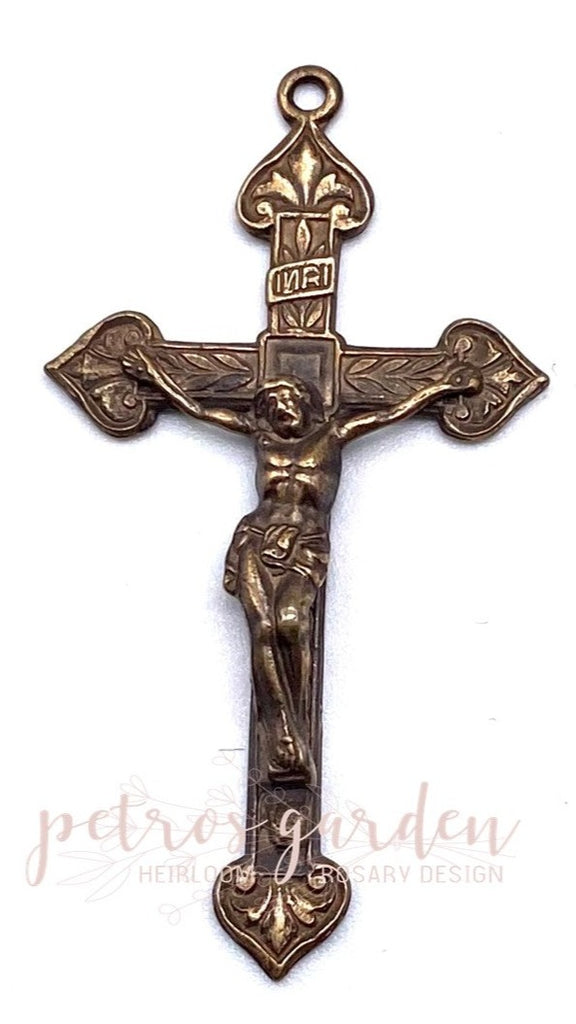 Solid Bronze FOUR HEARTS SLENDER Rosary Crucifix, Rosary Parts, Catholic Pendant Jewelry, Religious Charms, Antique/Vintage Reproduction #PG3143