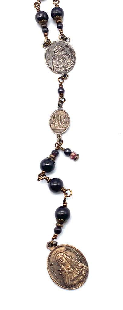 Garnet Gemstone Wire Wrapped Catholic Heirloom Rosary of the Seven Sorrows Lrg