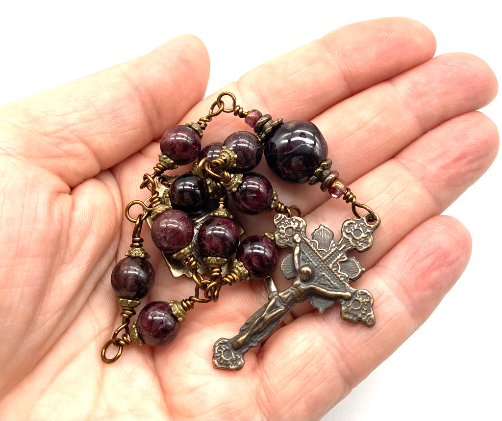 Garnet Gemstone Wire Wrapped Catholic Heirloom Tenner Rosary