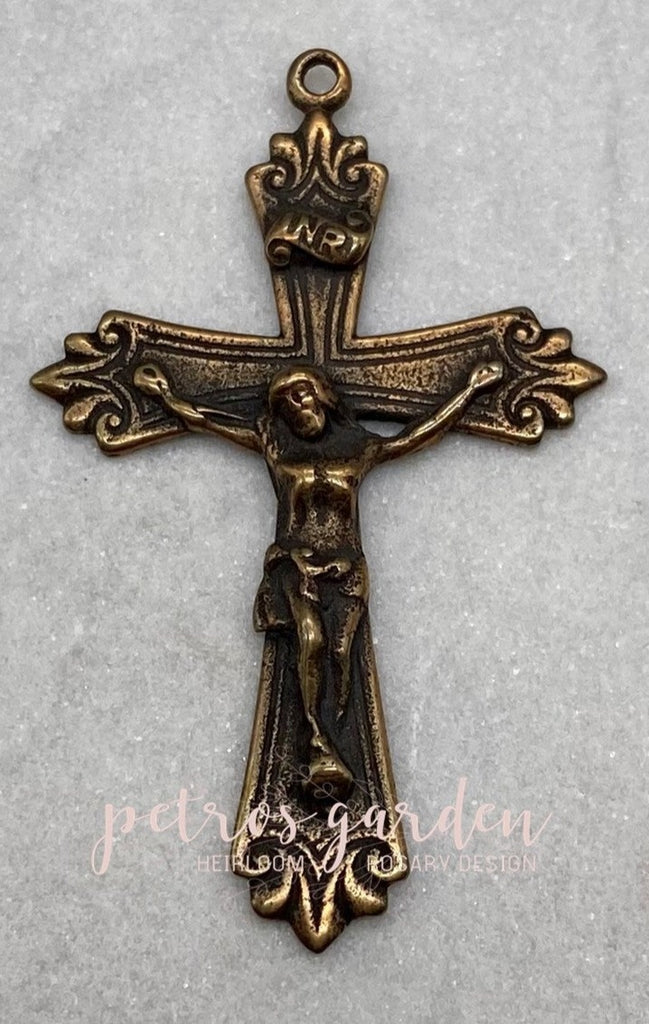 Solid Bronze INSCRIBED CARVED LINES Crucifix, Rosary Parts, Catholic Pendant Jewelry, Religious Charm, Antique/Vintage Reproduction #PG3154