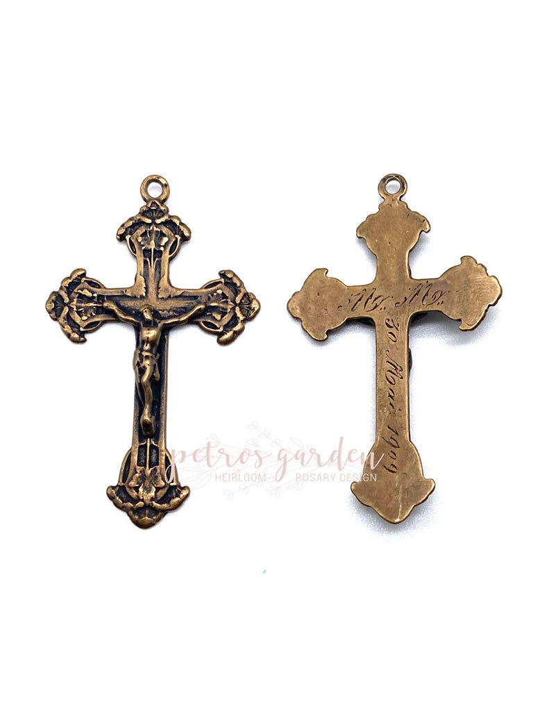 Solid Bronze INTRICATE FLOWER AND LEAF Crucifix, Rosary Parts, Catholic Pendant, Religious Charms, Antique/Vintage Reproduction #PG3121