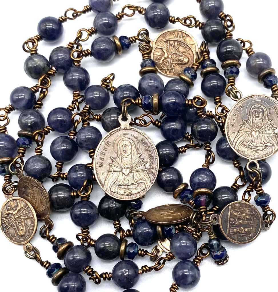 Iolite Gemstone Wire Wrapped Catholic Heirloom Rosary of the Seven Sorrows LARGE