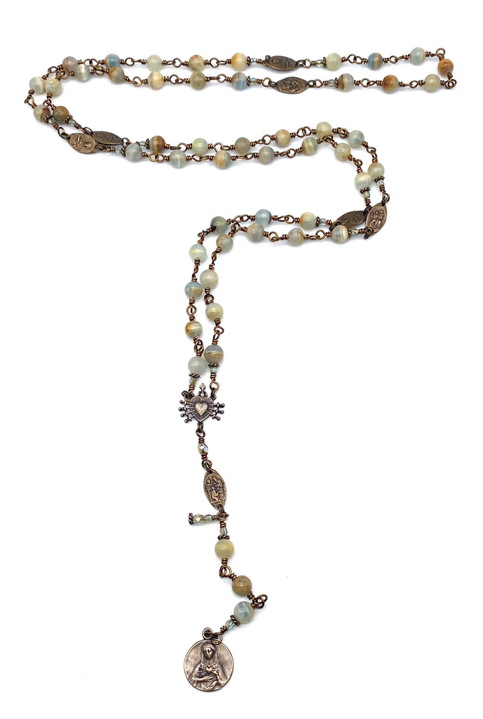 Lemurian Aquatine Gemstone Catholic Heirloom Rosary of the Seven Sorrows Med
