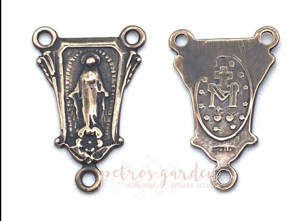 Solid Bronze MIRACULOUS MEDAL WITH FLOWER Center, Catholic Centerpiece, Rosary Parts, Religious Charm, Antique/Vintage Reproduction #PG1122