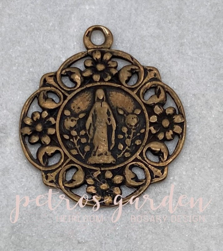 Solid Bronze MARY WITH FLOWERS Openwork Catholic Medal, Religious Charms, Antique/Vintage Reproduction #PG7120