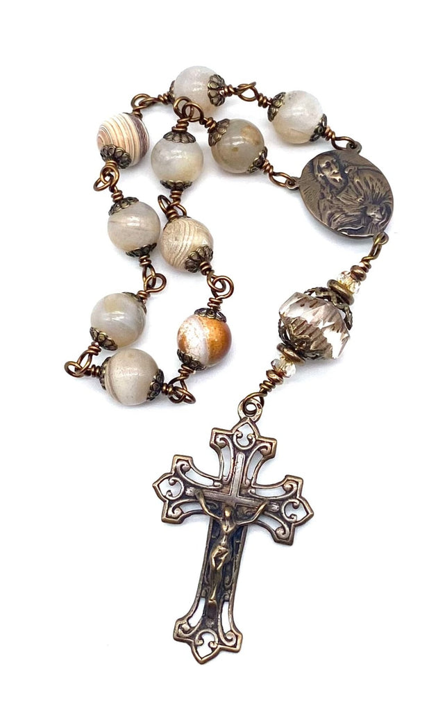 Natural Bamboo Agate Gemstones Wire Wrapped BIG BEAD Catholic Heirloom Travel Rosary