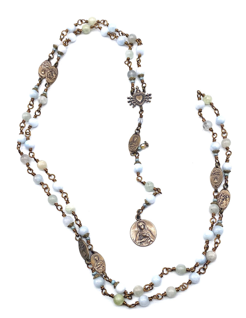 Natural Blue Aquamarine Gemstone Catholic Heirloom Rosary of the Seven Sorrows Med