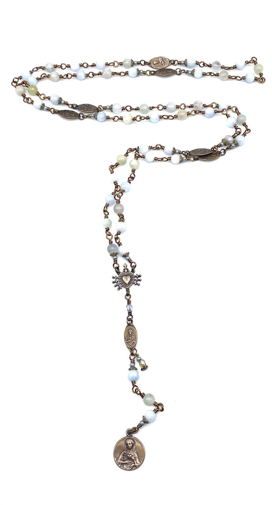 Natural Blue Aquamarine Gemstone Catholic Heirloom Rosary of the Seven Sorrows Med