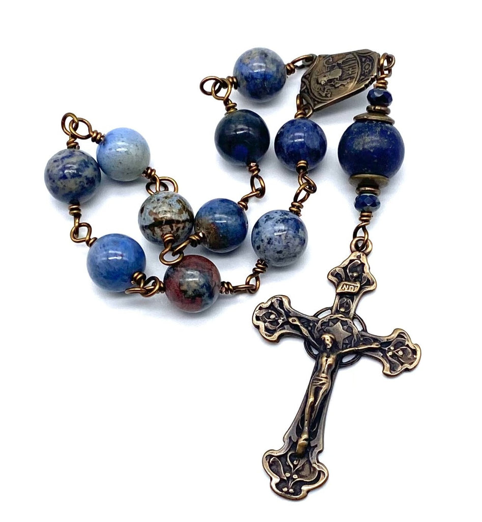 Natural Sodalite Gemstone Wire Wrapped BIG BEAD Catholic Heirloom Travel Rosary