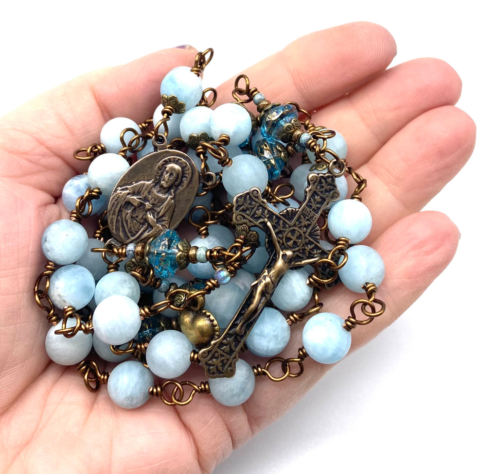 Pale Blue Aquamarine Matte Gemstone Wire Wrapped Catholic Heirloom Rosary Large