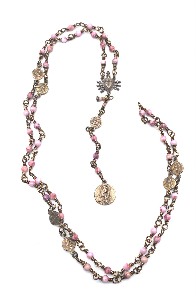 Pink Opal Gemstone Catholic Heirloom Rosary of the Seven Sorrows Petite