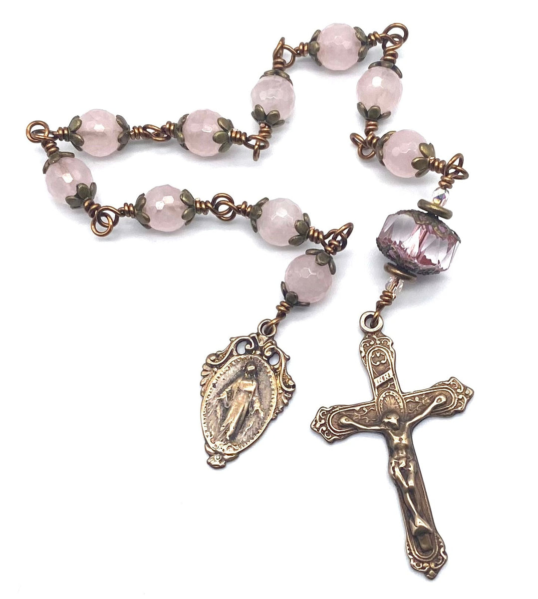 Rose Quartz Gemstone Wire Wrapped Catholic Heirloom Tenner Rosary