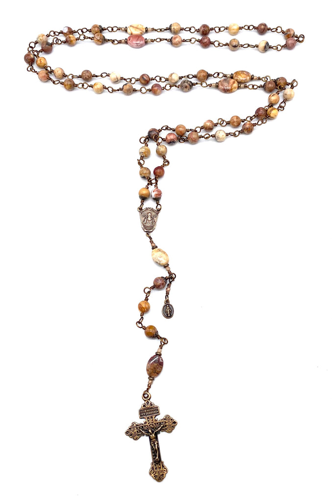 Venus Jasper Gemstone Wire Wrapped Catholic Heirloom Rosary Large