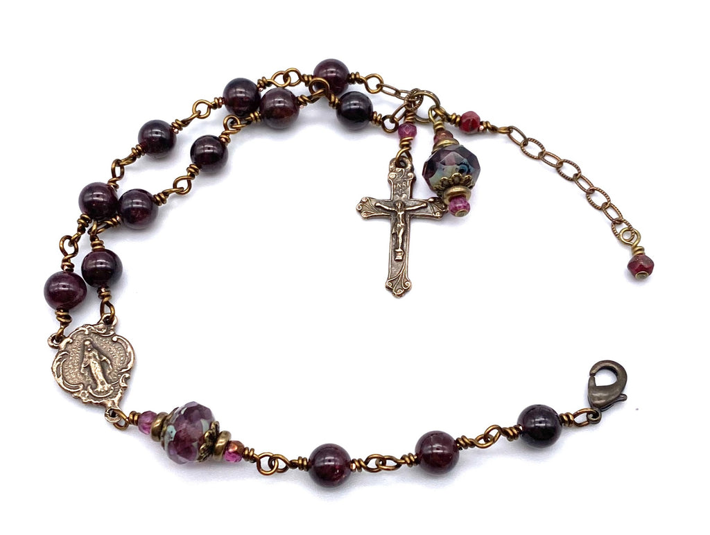 Garnet Gemstone Wire Wrapped Catholic Heirloom Rosary Devotional Bracelet