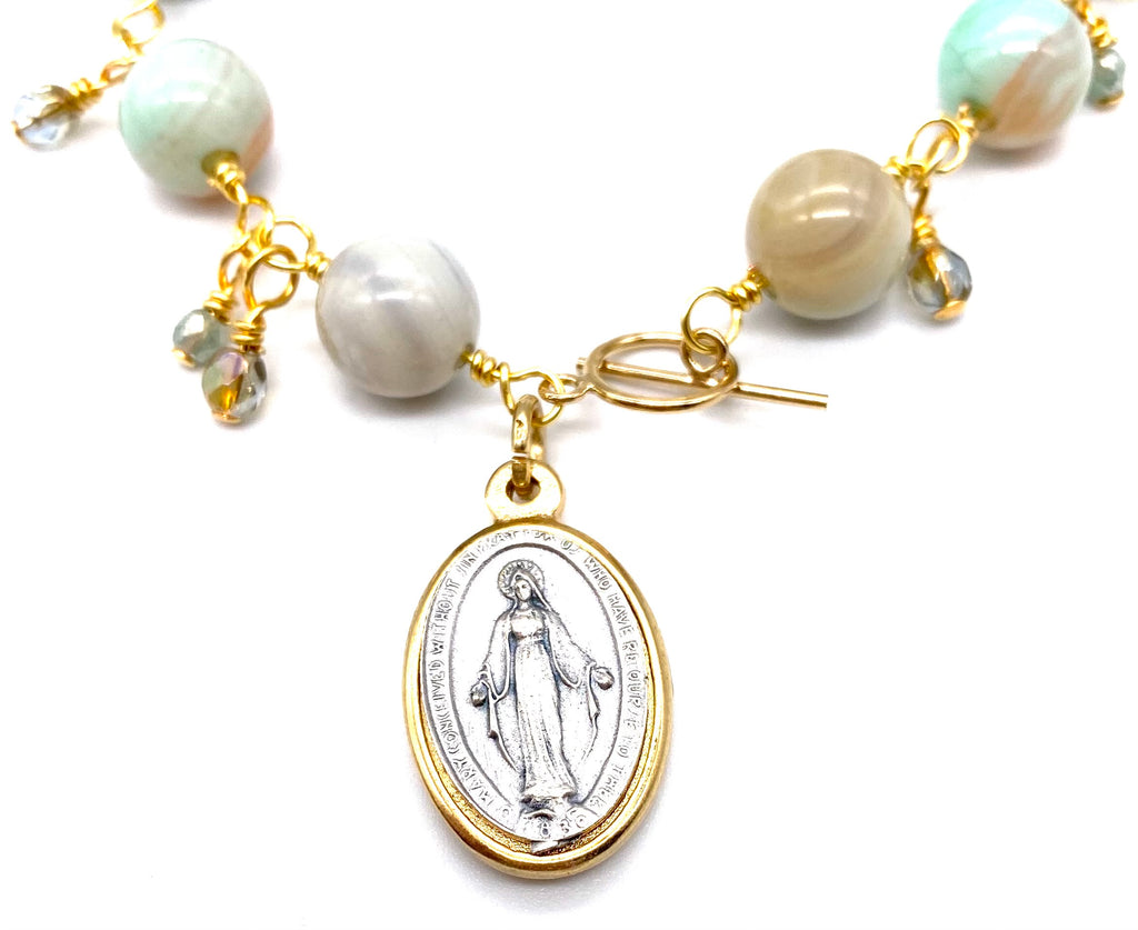 Gold Green Spring Agate Big Bead Catholic Heirloom Miraculous Medal Devotional Bracelet