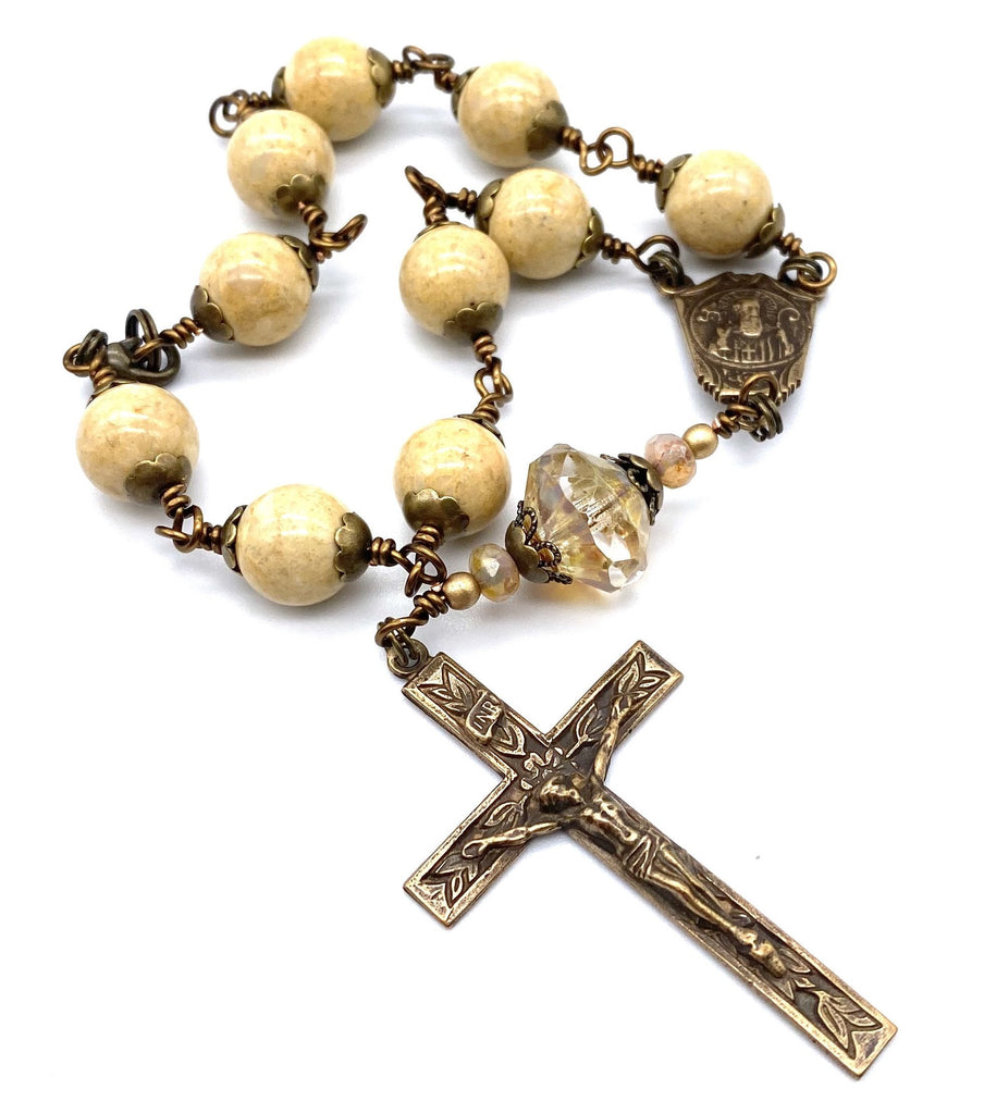 handcrafted vintage inspired desert tan riverstone wire wrapped big bead catholic heirloom travel rosary