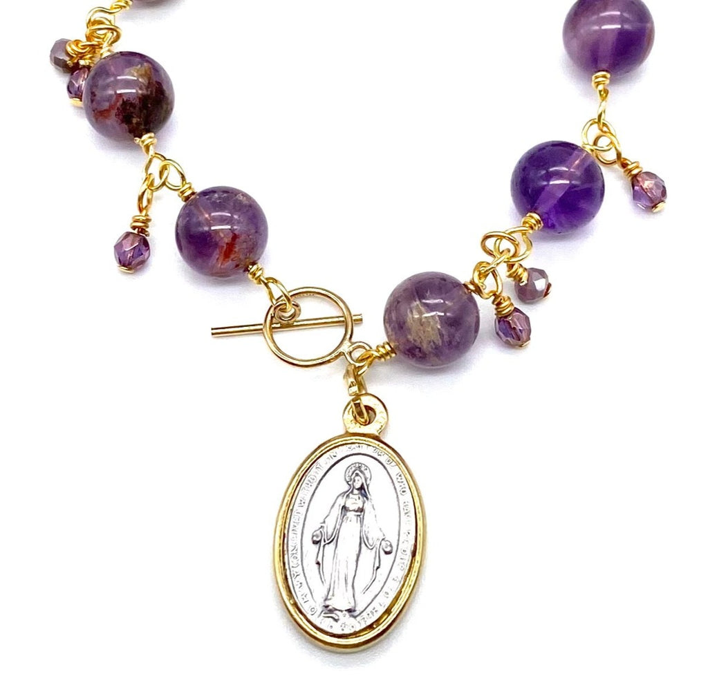 Gold Natural Purple Quartz Big Bead Catholic Heirloom Miraculous Medal Devotional Bracelet