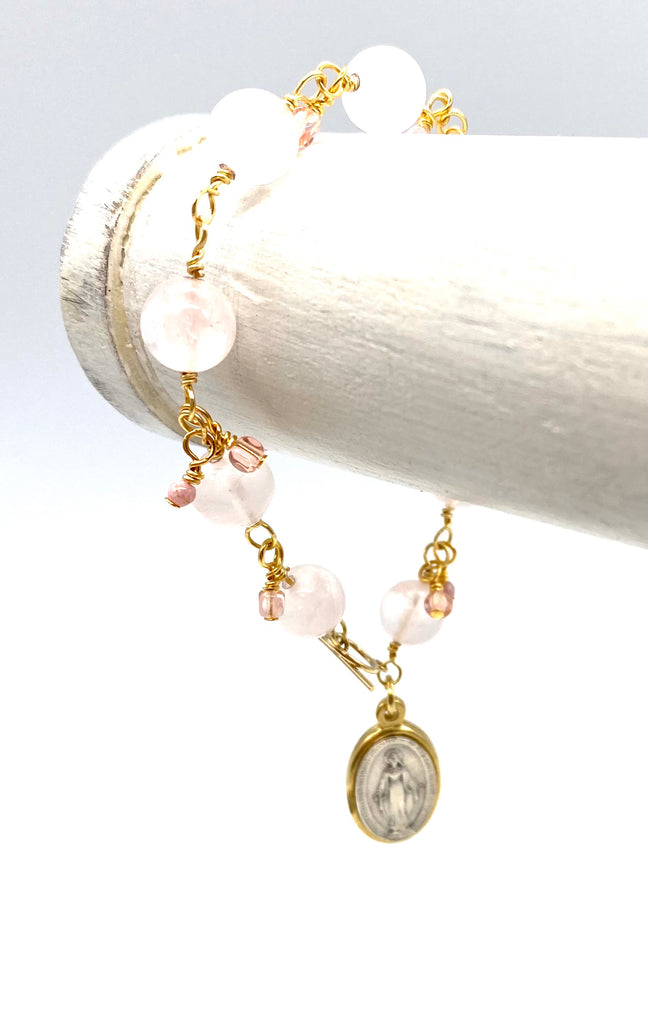 Gold Rose Quartz Big Bead Catholic Heirloom Miraculous Medal Devotional Bracelet