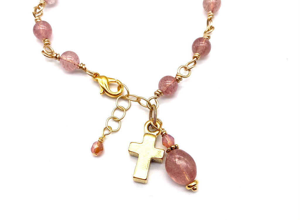Gold Strawberry Quartz Gemstone Wire Wrapped Catholic Heirloom Rosary Devotional Bracelet
