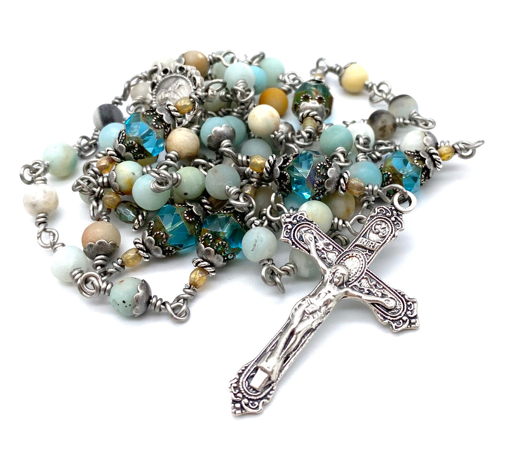 handcrafted vintage inspired antique silver amazonite matte gemstone wire wrapped catholic heirloom rosary medium